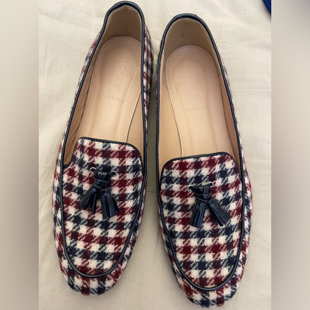 J. CREW Charlie Tassel Loafers Burgandy, White & Navy Blue Tweed Houndstooth 🎉 - Picture 2 of 15